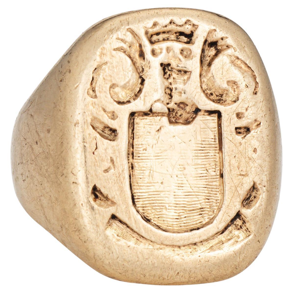 Vintage Art Deco Family Crest Signet Ring Heavy 14k Yellow Gold Sz 7.5 Jewelry