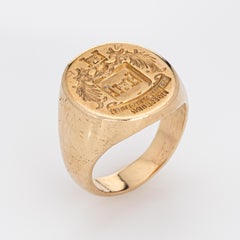Anillo de sello con escudo familiar Art Decó Vintage Joyería pesada de oro amarillo de 14k