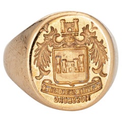 Antique Art Deco Family Crest Signet Ring Heavy 14k Yellow Gold Jewelry