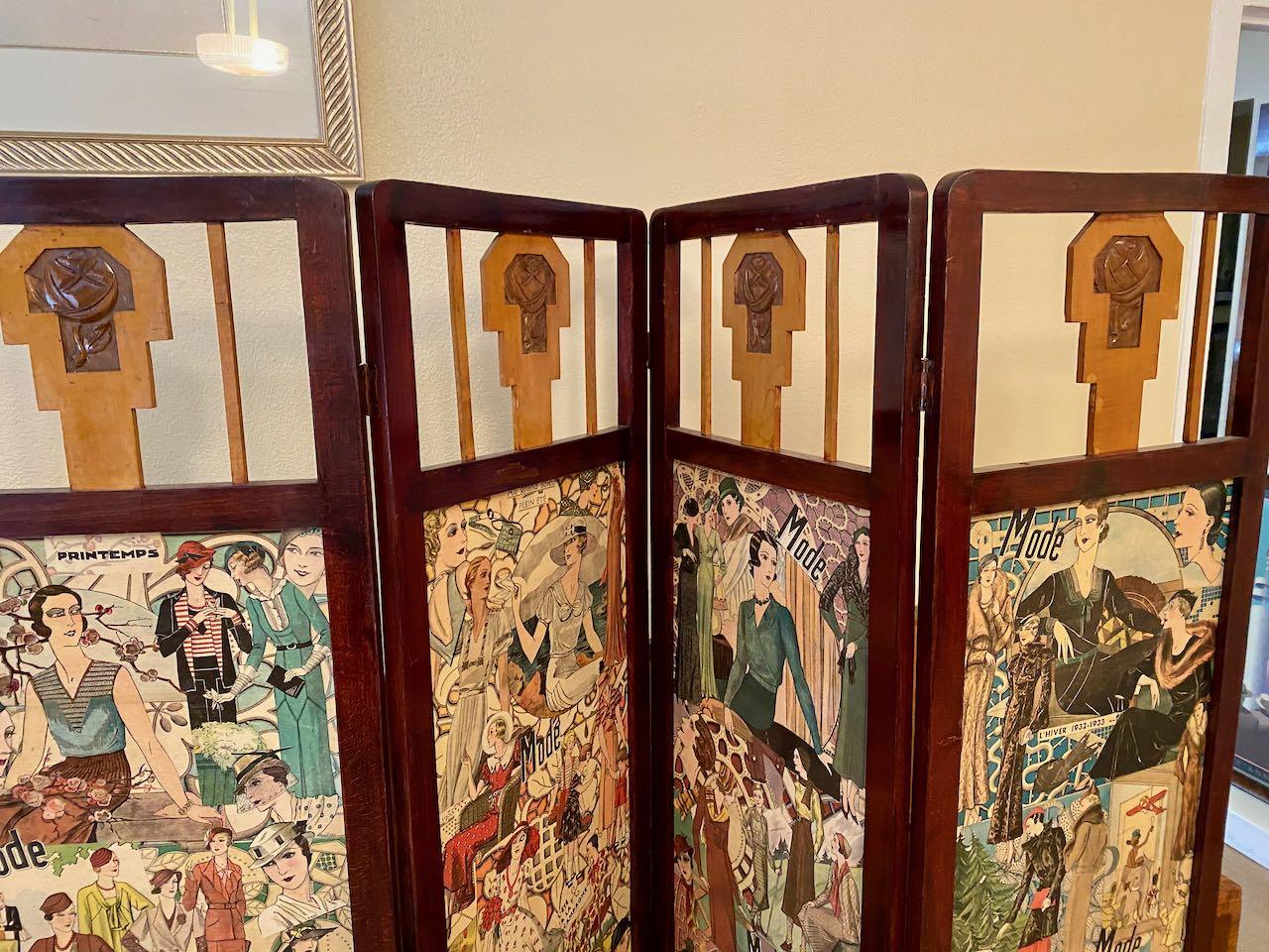 Vintage Art Deco Fashion 4 Panel Screen In Good Condition In Oakland, CA