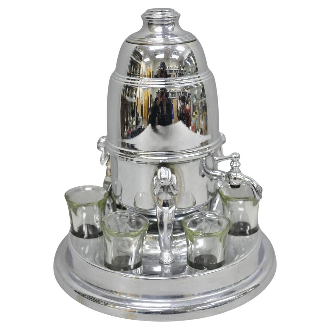 Vintage Art Deco Figural Chrome Metal Barware Samovar Decanter w/ Shot Glasses