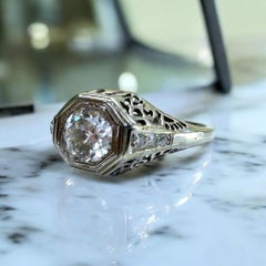 Anello di fidanzamento vintage in filigrana Art Deco con diamante da 0,75 carati