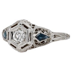 Vintage Art Deco Filigree Diamond and Sapphire Engagement Ring