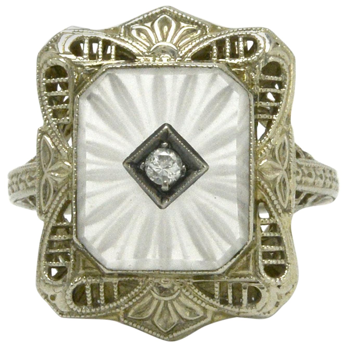 Vintage Art Deco Filigree Engagement Ring Sun Ray Crystal Diamond, circa 1930s