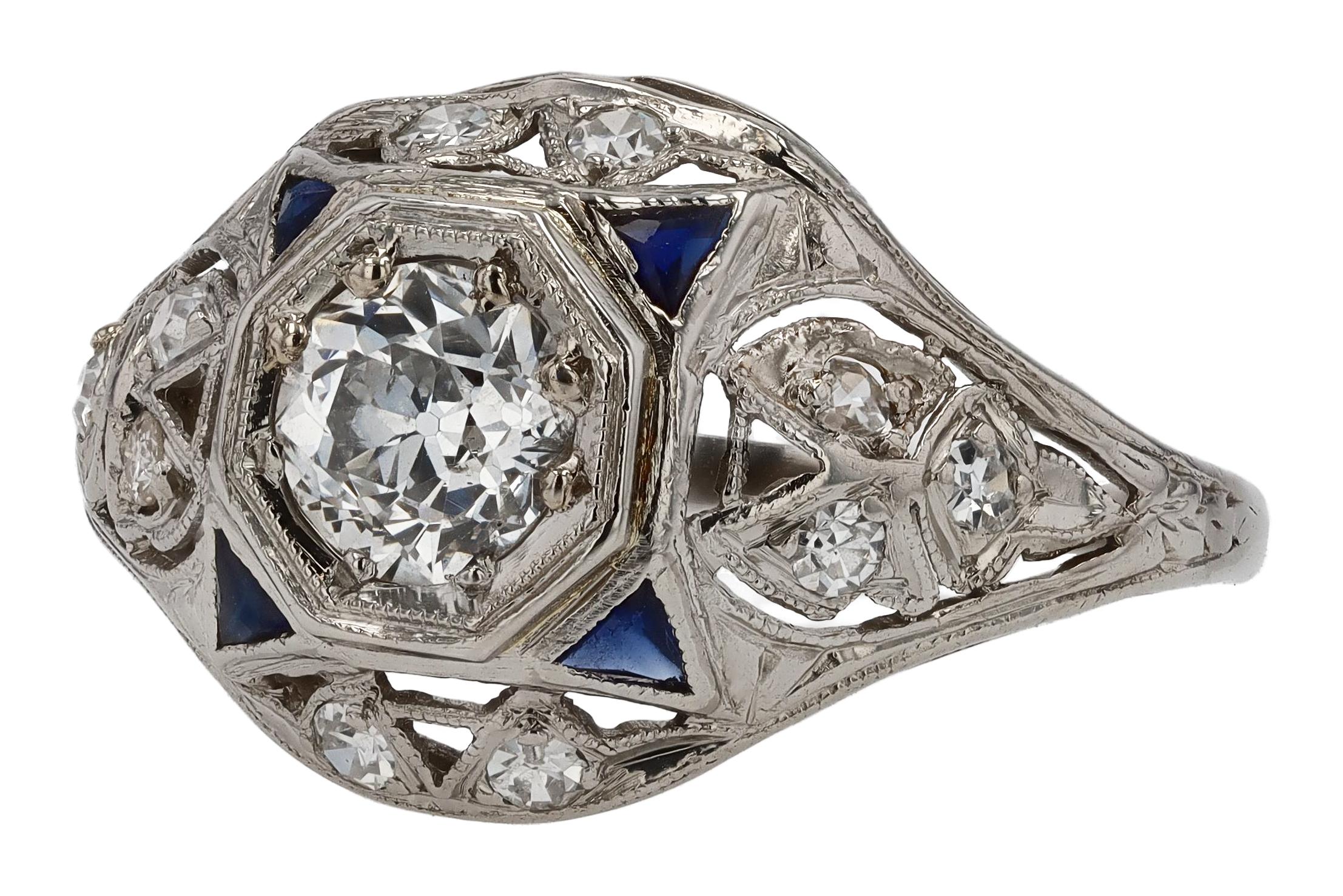 Vintage Art Deco Filigree European Cut Diamond Dome Engagement Ring In Good Condition In Santa Barbara, CA
