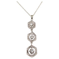 Vintage Art Deco Filigree Old European Diamond 14k White Gold Pendant Necklace
