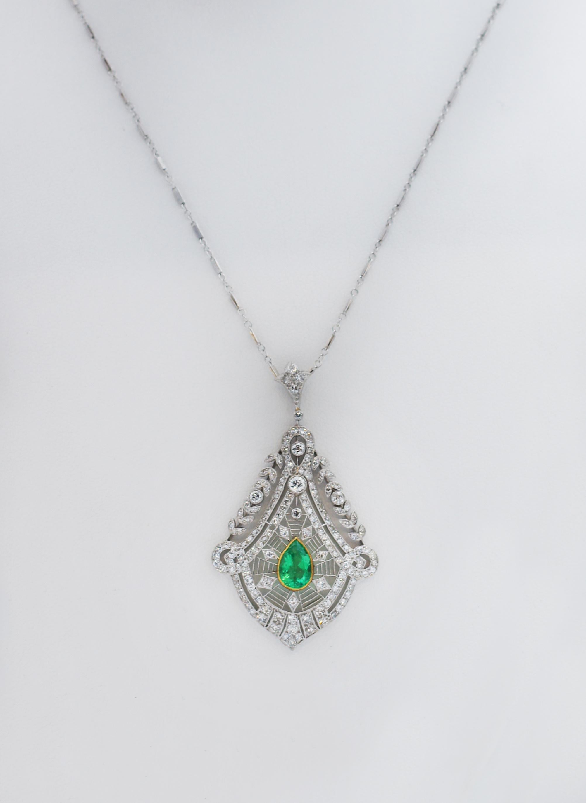 Absolutely Beautiful Set
Art Deco
Filigree Design
Made in Platinum
with diamonds through setting
Necklace features a beautiful Chandelier like Pendant with pave diamonds and pear cut emerald
Pendant Emerald approx. 2 carats (10mm x 7mm)
Chain 22