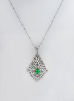 Vintage Art Deco Filigree Platinum Diamond and Emerald Necklace and Ring Set