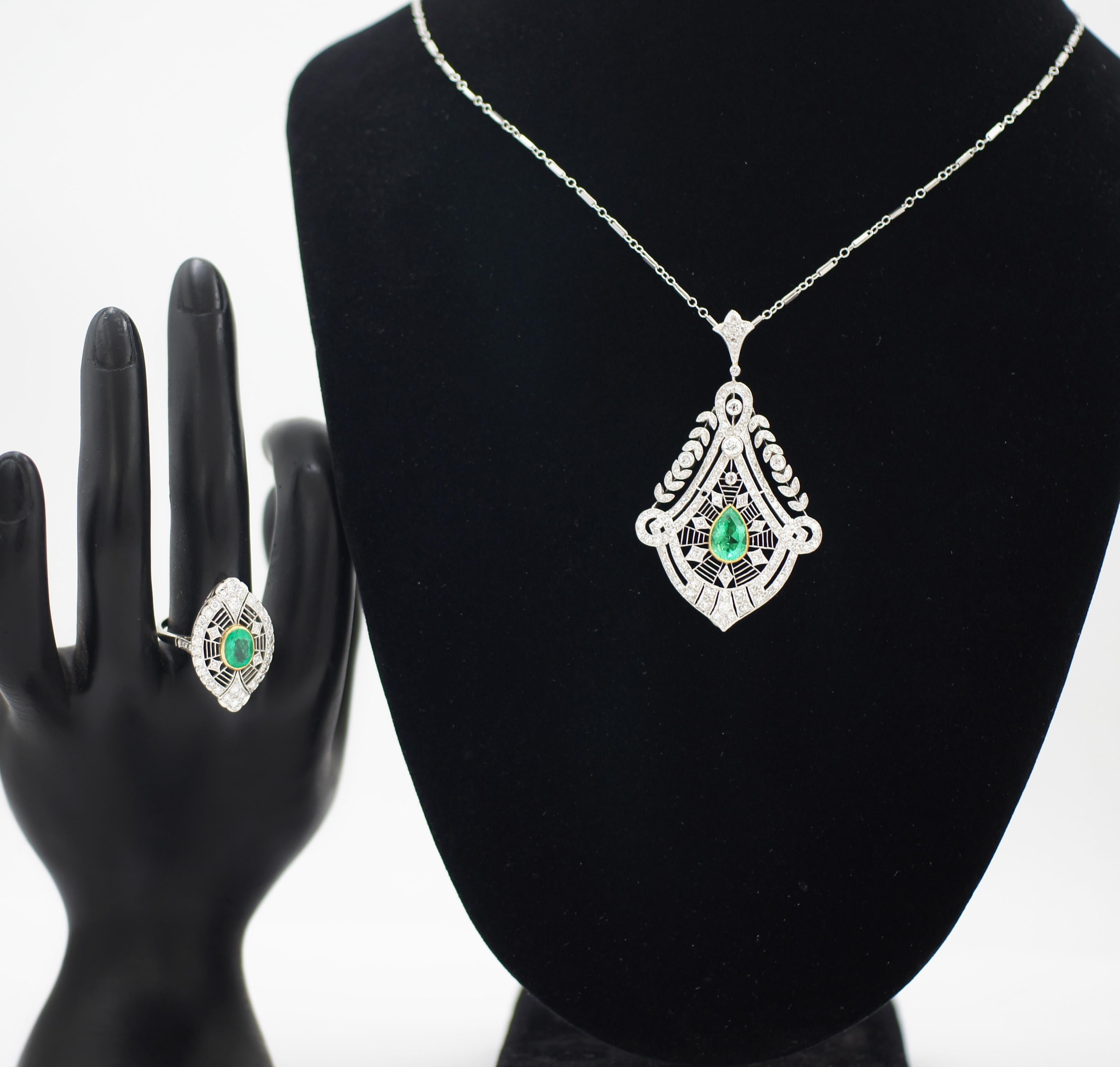 Vintage Art Deco Filigree Platinum Diamond and Emerald Necklace and Ring Set For Sale 3