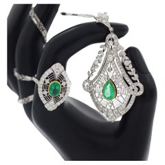 Vintage Art Deco Filigree Platinum Diamond and Emerald Necklace and Ring Set