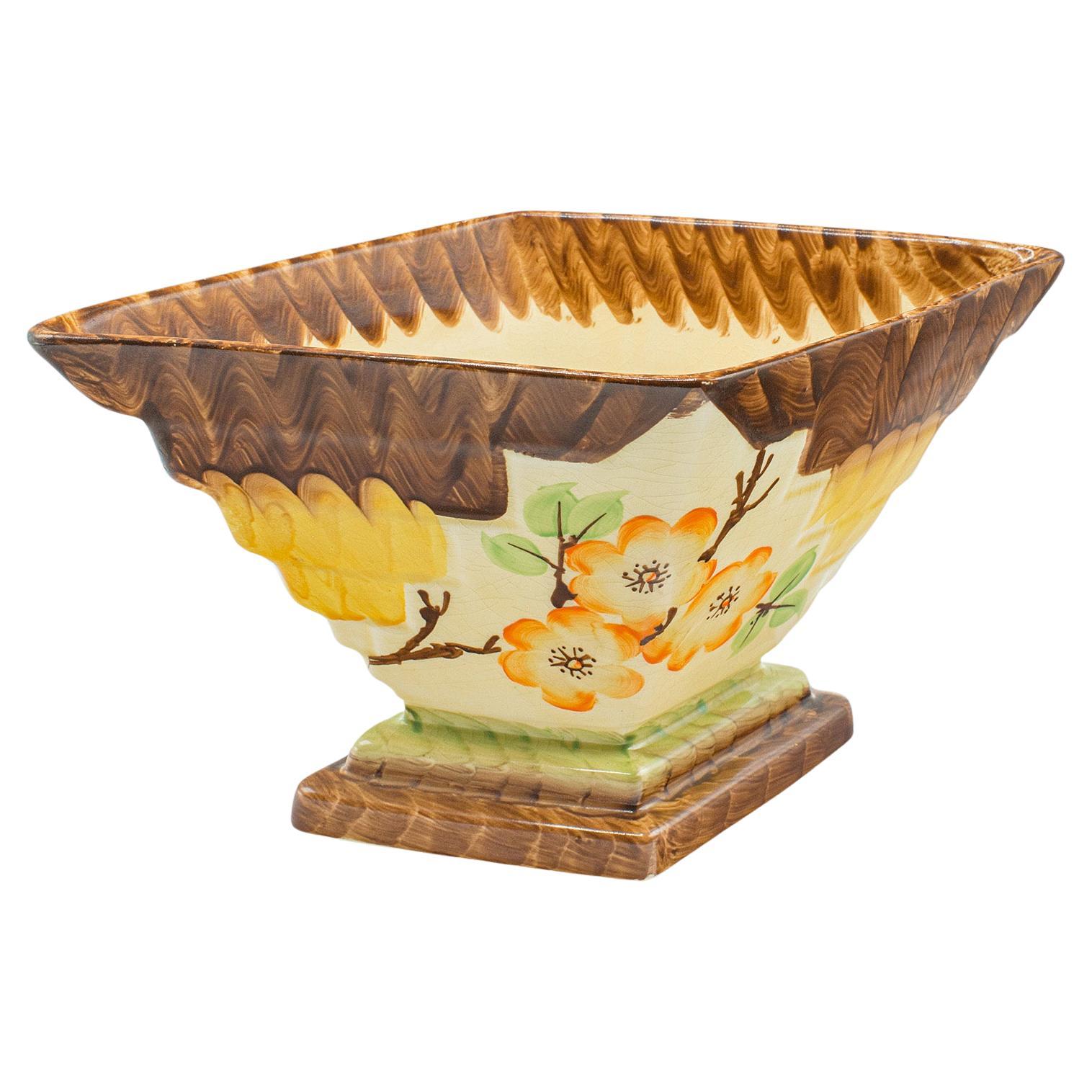 Vintage-Blumenvase im Art déco-Stil, englische handbemalte Keramik, Diamantform, Pflanzgefäß