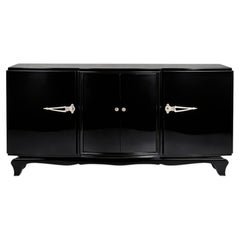 Art Deco Black Lacquer Four-Door Sideboard Credenza Chrome Hardware 20th Century