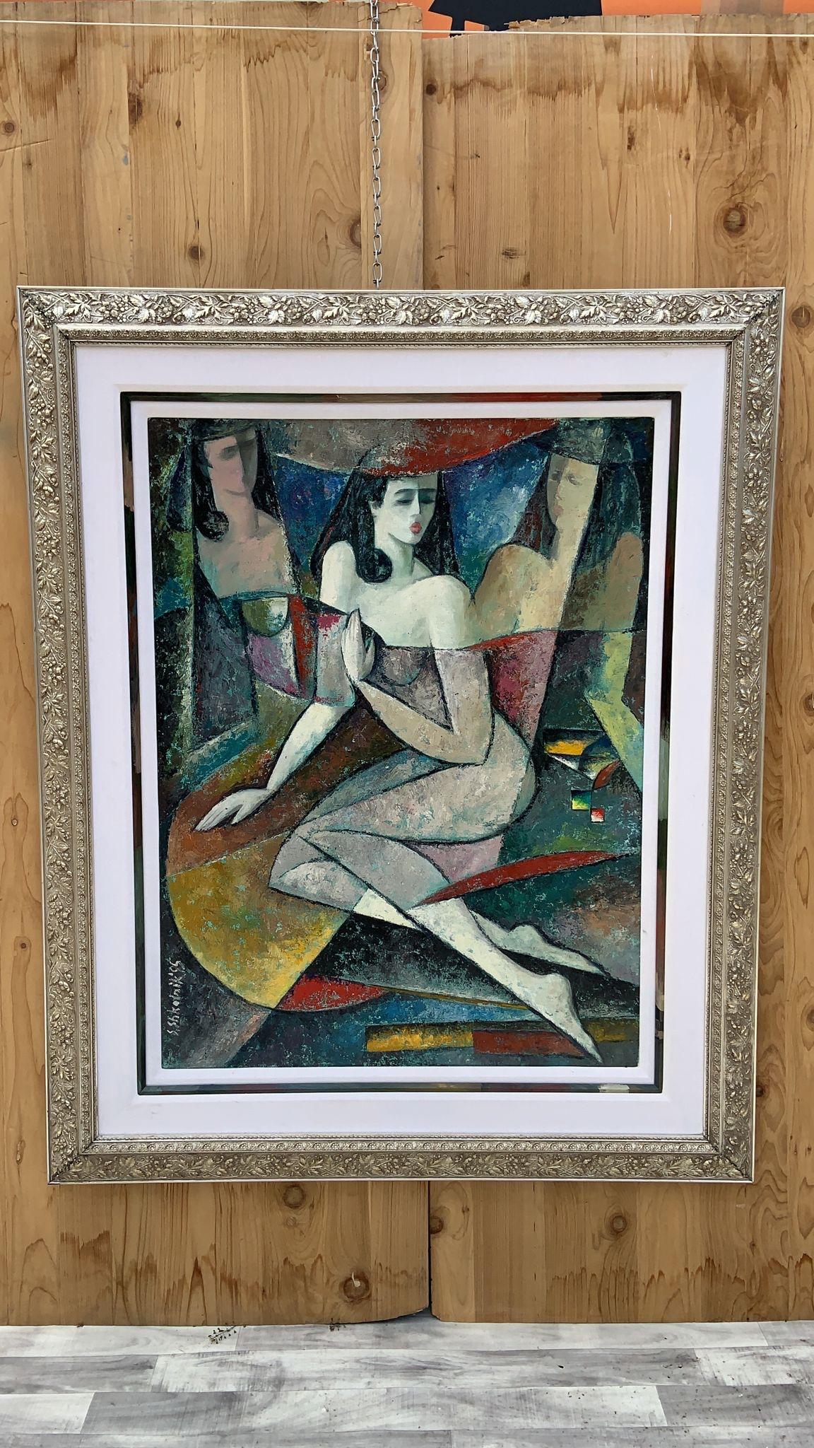 Vintage Art Deco Framed Oil on Canvas Painting Wall Art Wall Decor 

Cool large Art Deco painting in a silver frame. 

Signed  

Circa 1995

Dimensions: 
H 64”
W 52”
D 1”