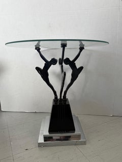 Vintage Art Deco & Frankart Style Glass Top Side Table with Black & Chrome Tone