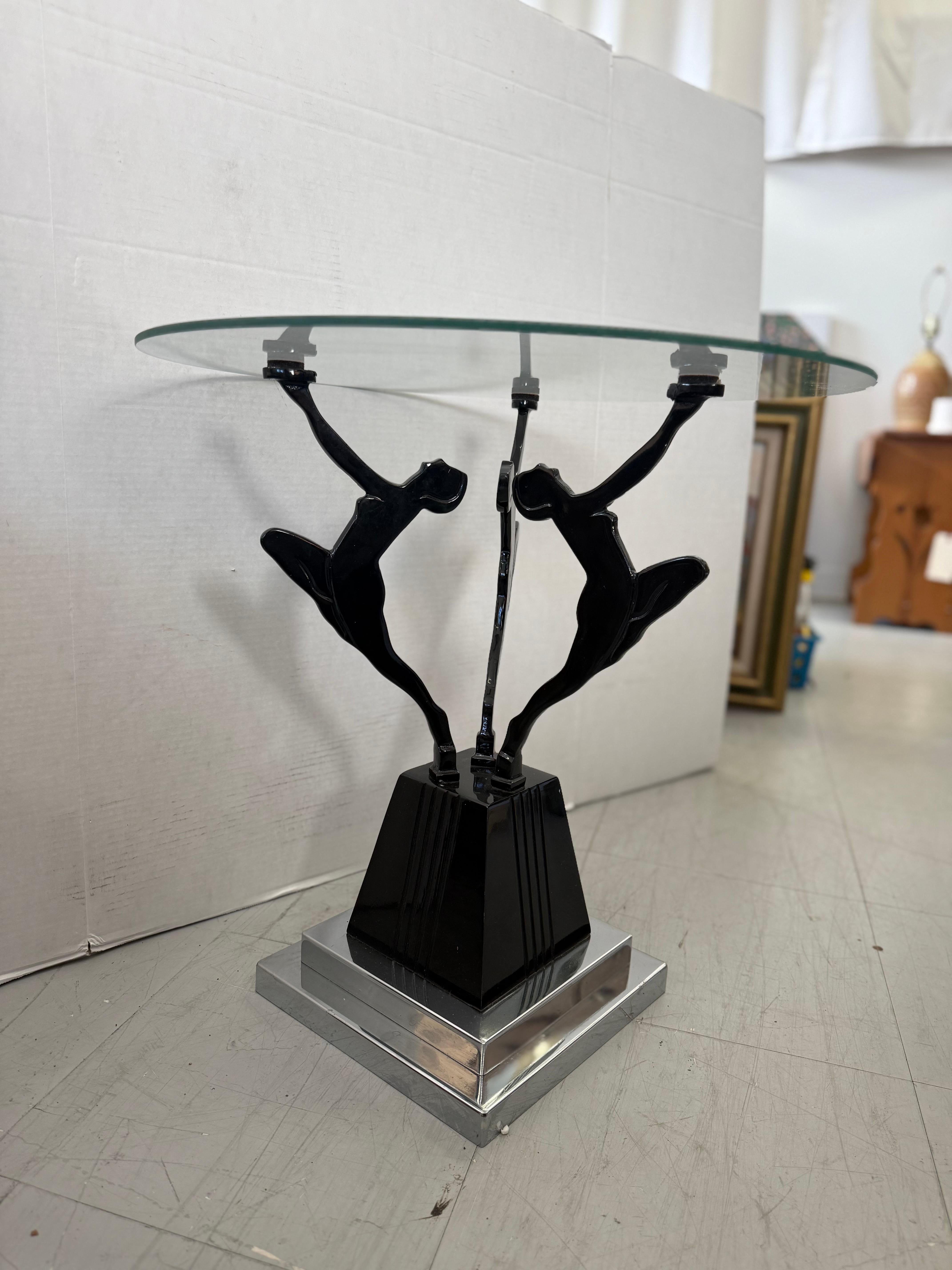 Vintage-Beistelltisch mit Glasplatte im Art-Déco- und Frankart-Stil und schwarzem und Chrom-Ton im Vintage-Stil (Art déco) im Angebot