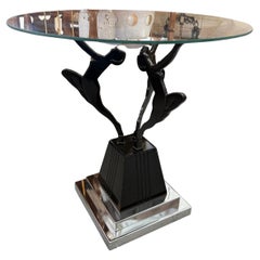 Table d'appoint Vintage Art Deco & Frankart avec plateau en verre et tons noirs et chromés