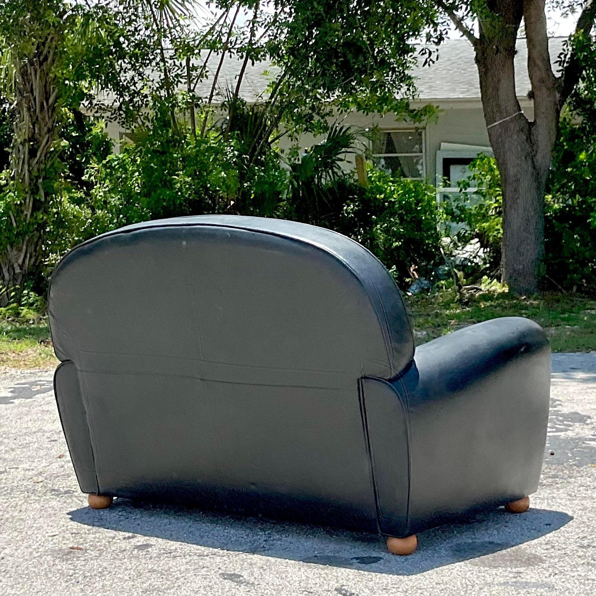 Vintage Art Deco French Leather Loveseat In Good Condition In west palm beach, FL