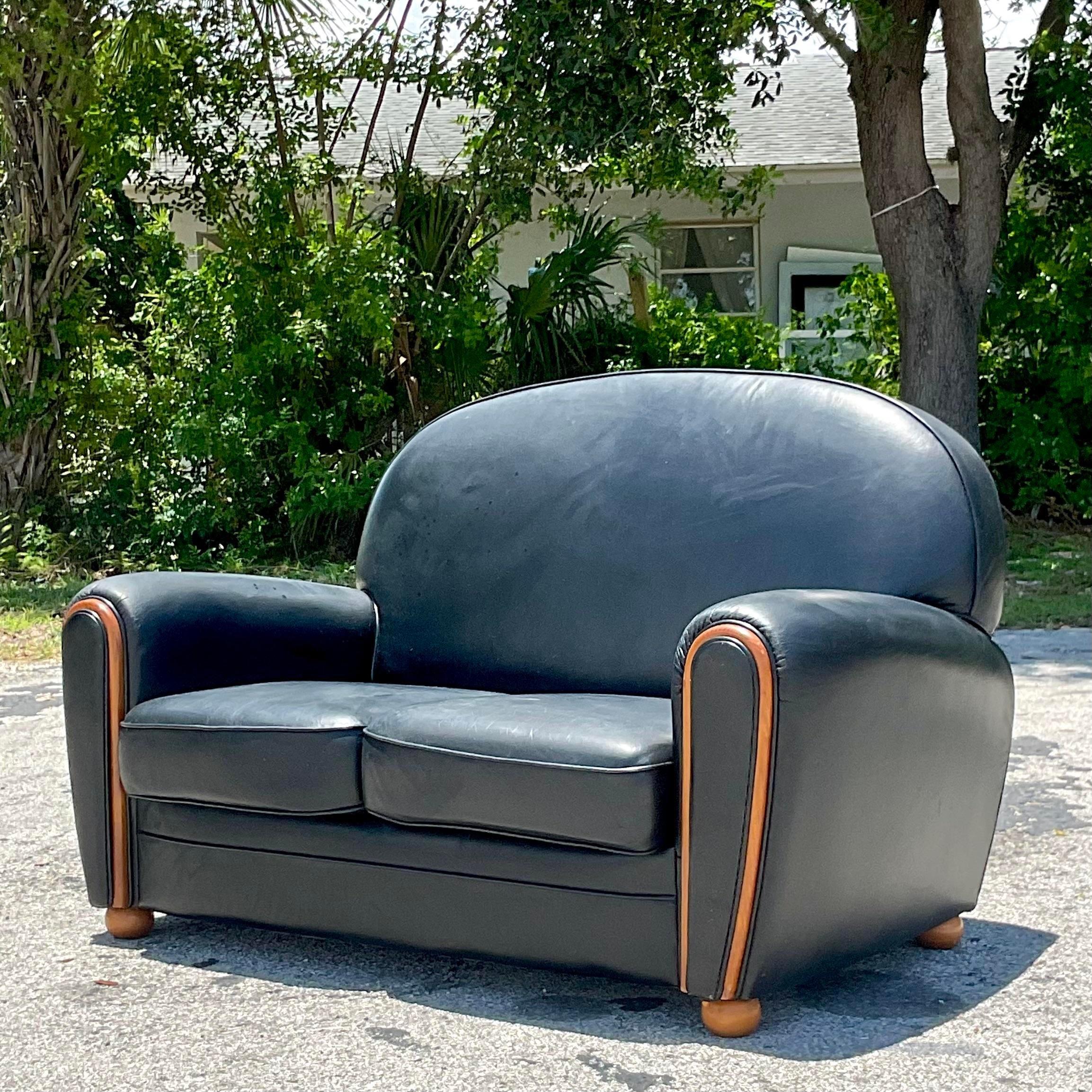 Vintage Art Deco French Leather Loveseat For Sale at 1stDibs