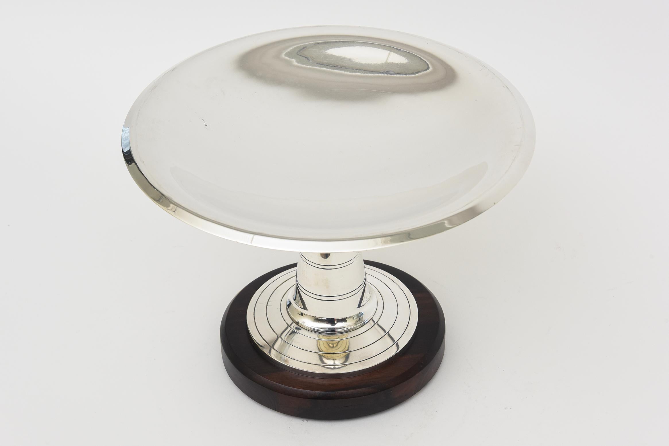 Mid-20th Century Vintage Art Deco French Silver-Plate and Rosewood Pedestal Bowl Or Serving Piece For Sale