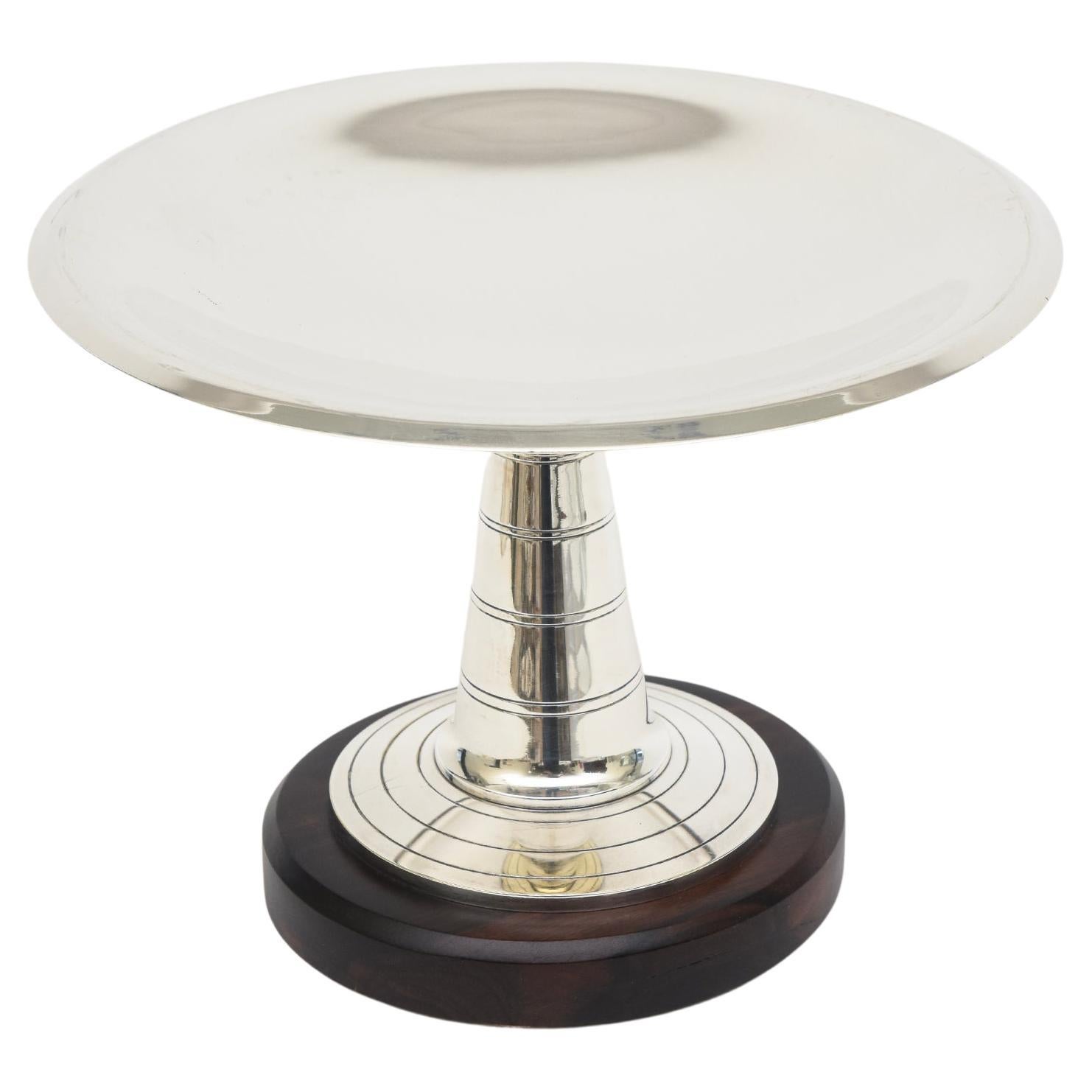Vintage Art Deco French Silver-Plate and Rosewood Pedestal Bowl Or Serving Piece For Sale
