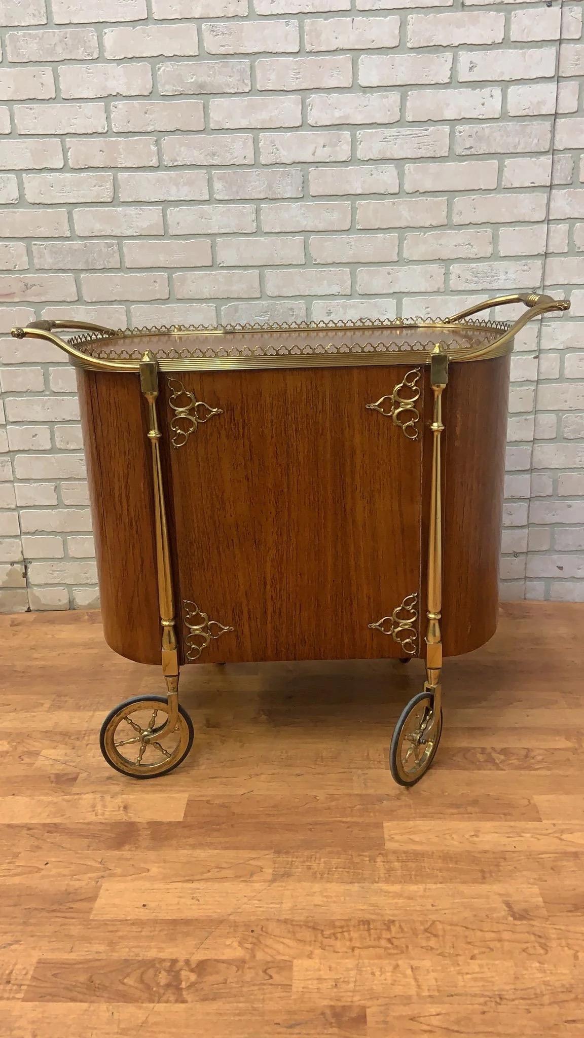 Vintage Art Deco French Style Brass & Wood Bar Cart 2