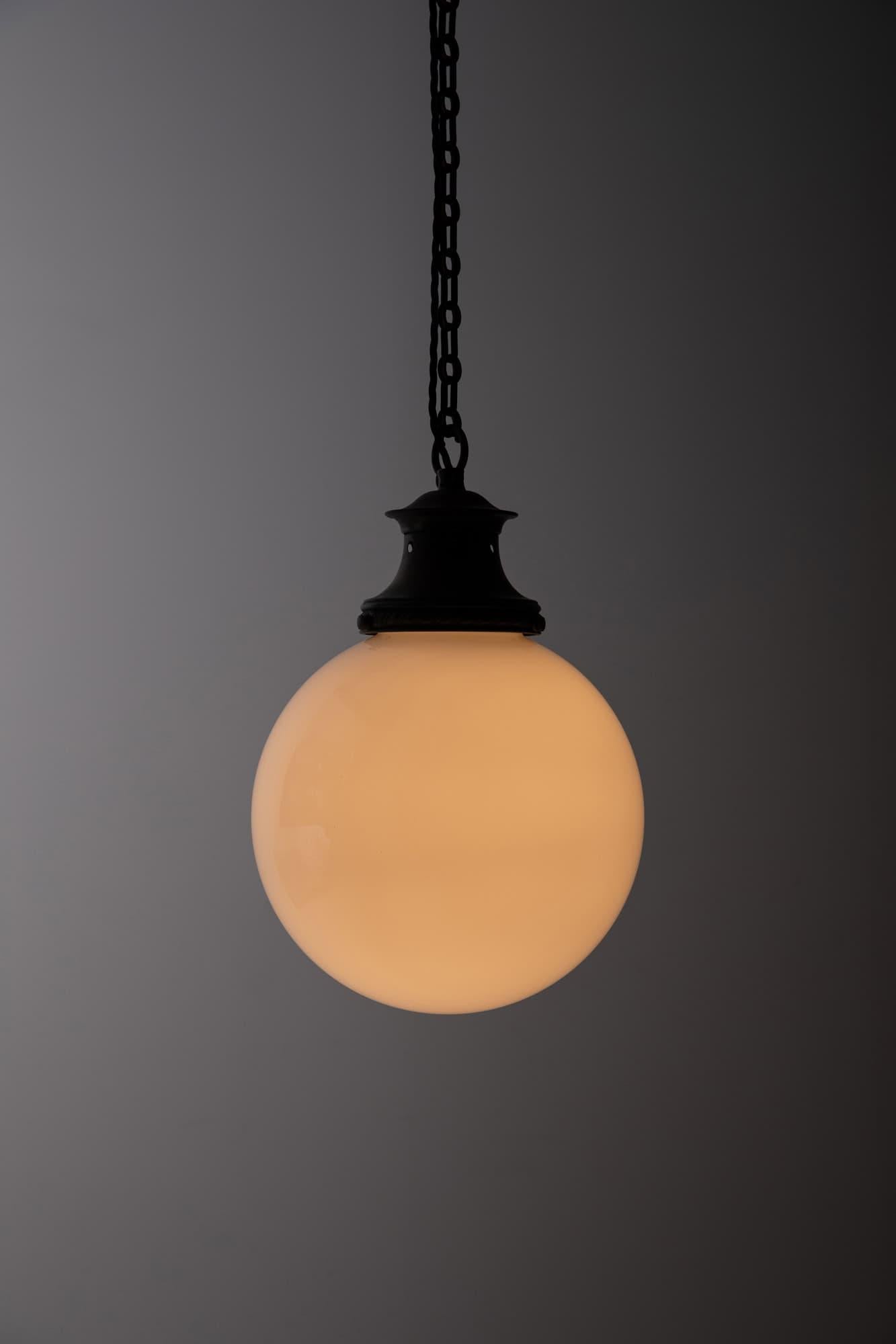 Vintage Art Deco GEC Globe Opaline Glass Pendant Lamp Brass Gallery, C.1930 1
