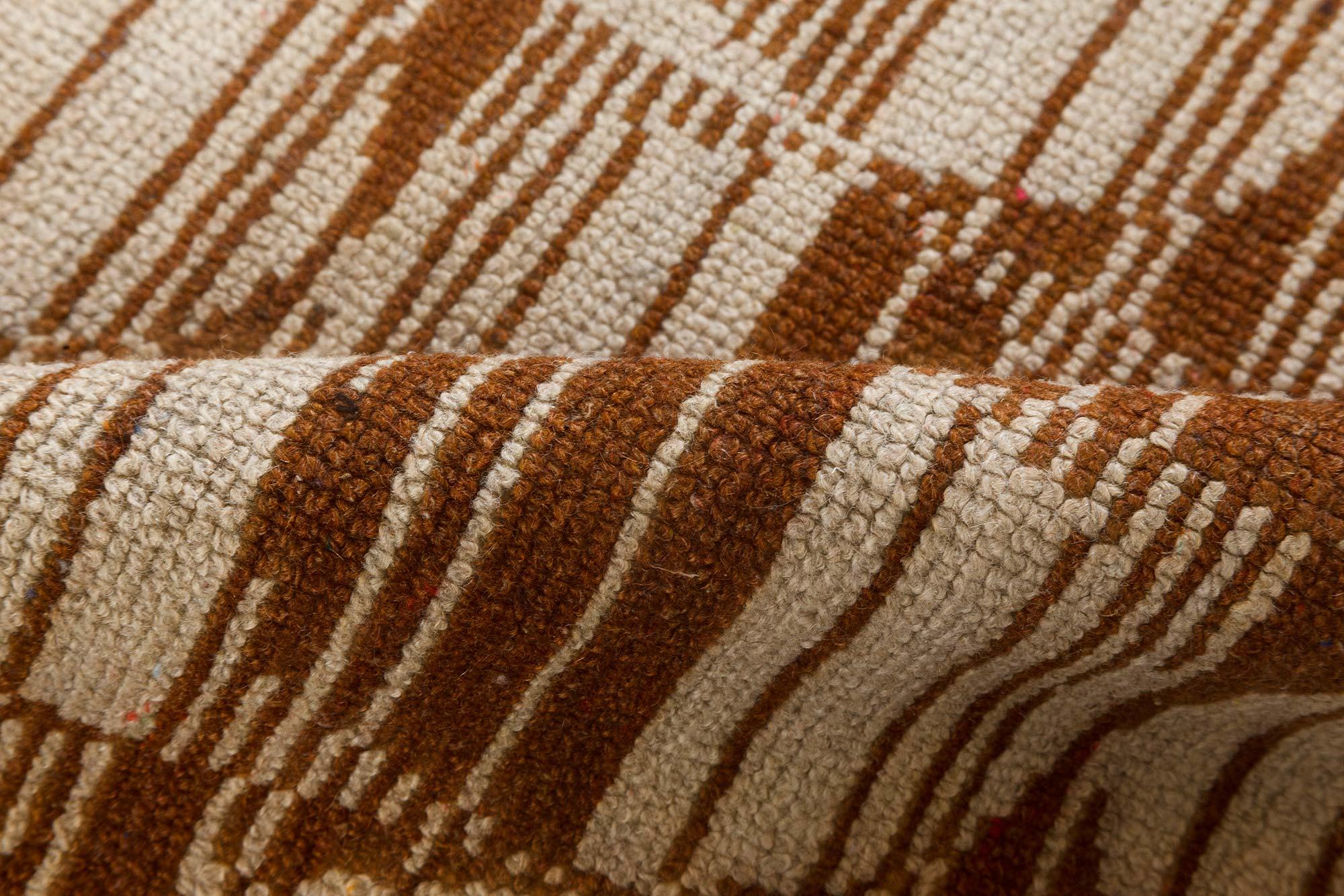 Vintage Art Deco geometric brown, beige handmade wool carpet
Size: 5'4
