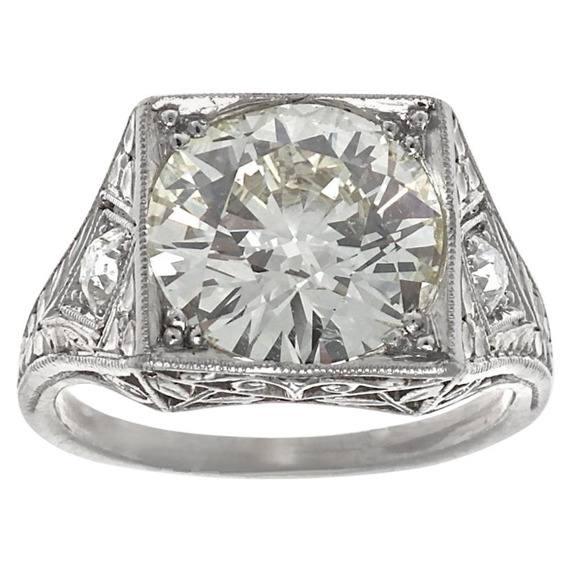 Vintage Art Deco GIA 3 Carat Old European Cut Diamond Platinum Ring For