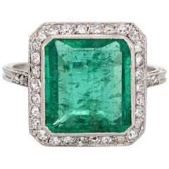 Vintage Art Deco GIA 3.50 Carat Emerald Diamond Ring Gemstone Platinum