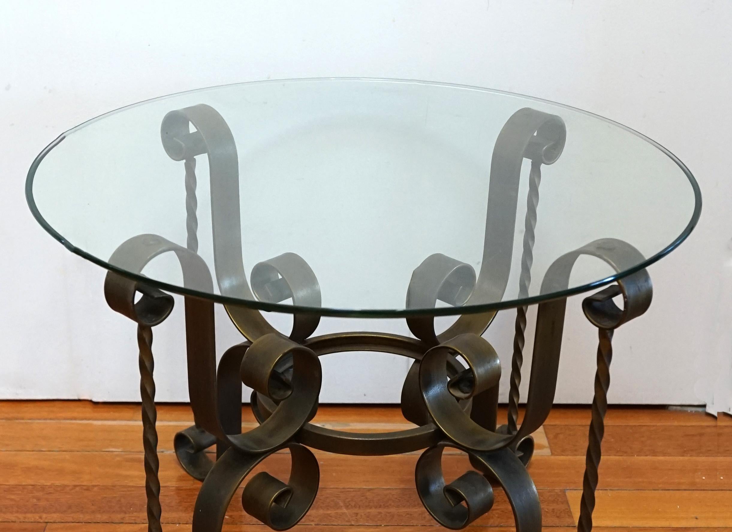 French Vintage Art Deco Gilt Wrought Iron Table Base and Glass Top