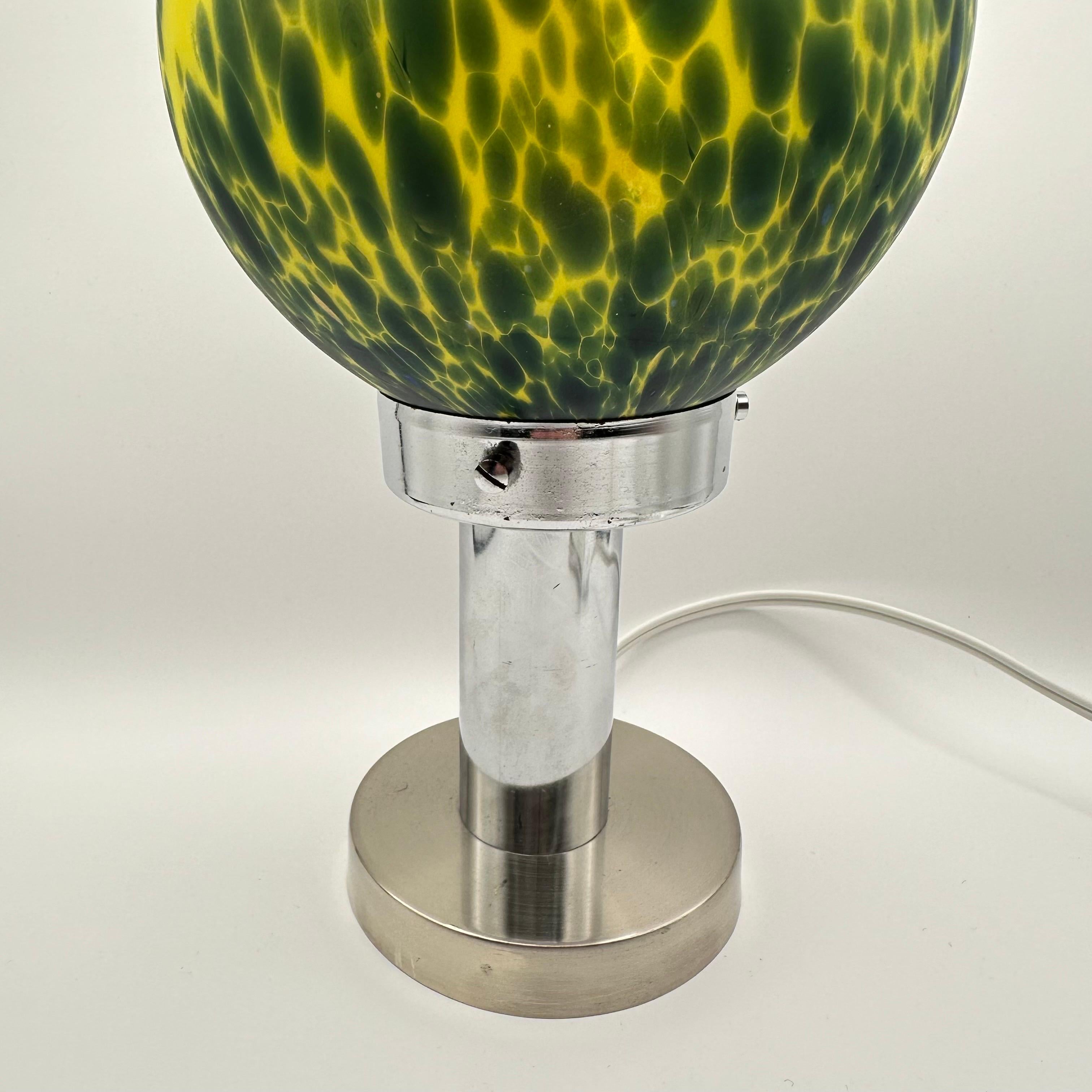 Vintage Art Deco Glass and Chrome Table Lamp with Bright Yellow and Green Globe For Sale 5
