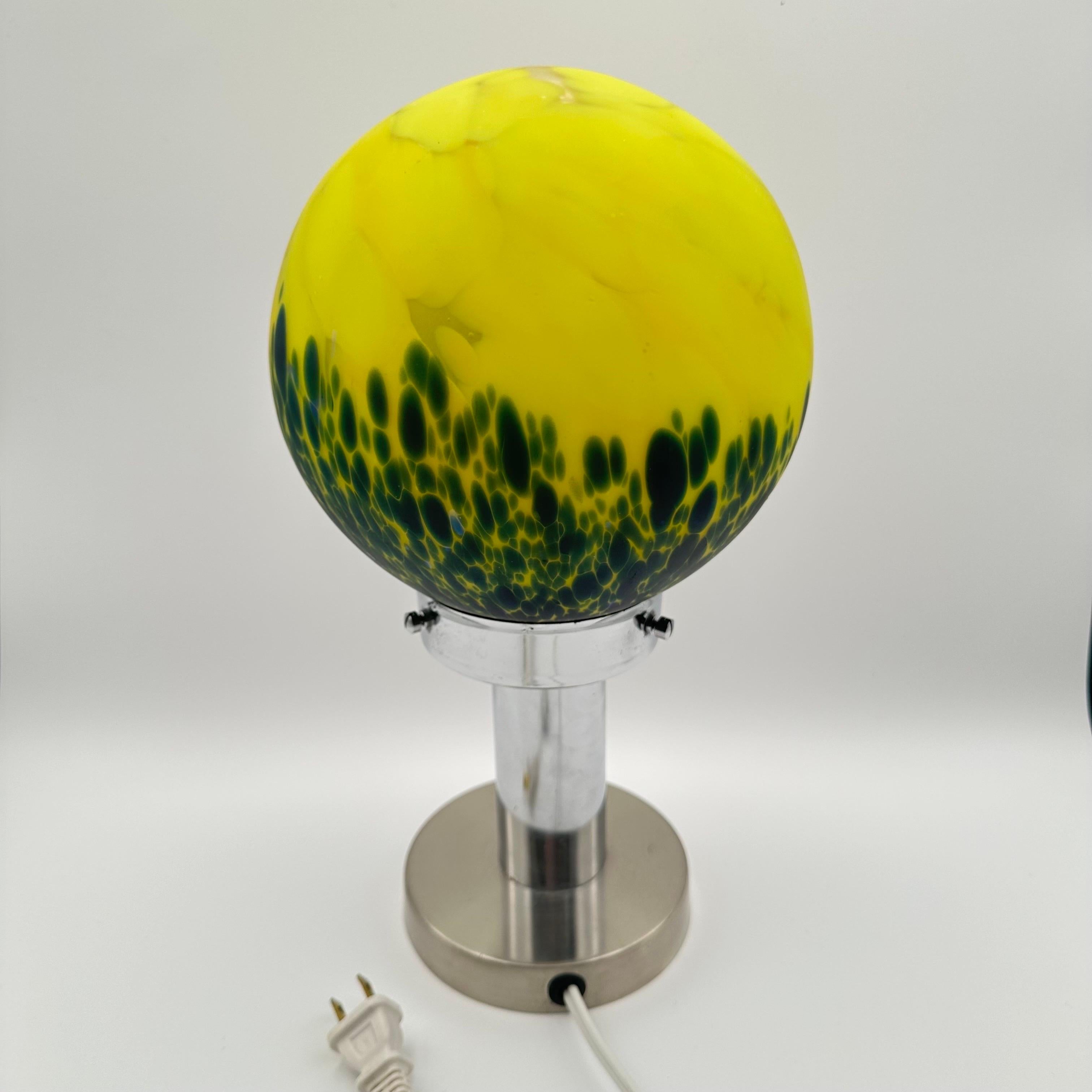 Vintage Art Deco Glass and Chrome Table Lamp with Bright Yellow and Green Globe For Sale 7