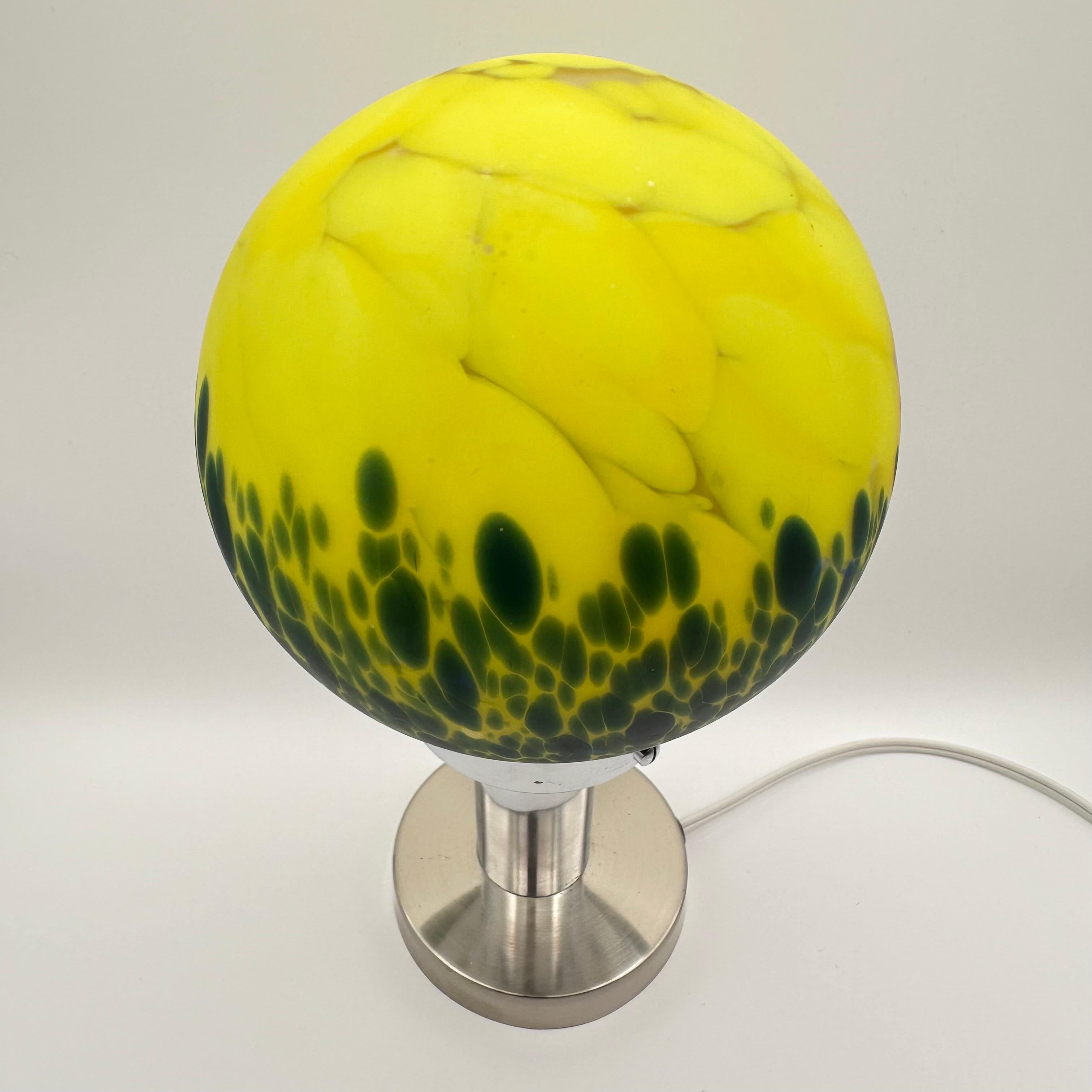 Vintage Art Deco Glass and Chrome Table Lamp with Bright Yellow and Green Globe For Sale 13