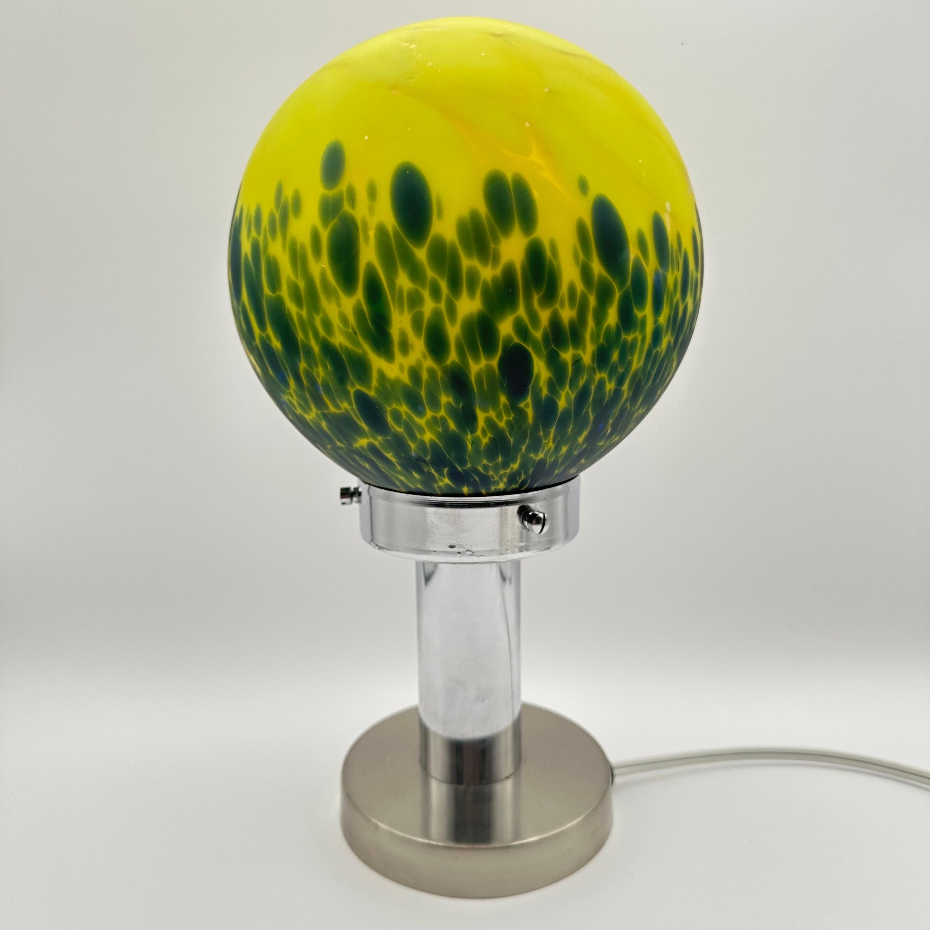 Vintage Art Deco Glass and Chrome Table Lamp with Bright Yellow and Green Globe For Sale 14