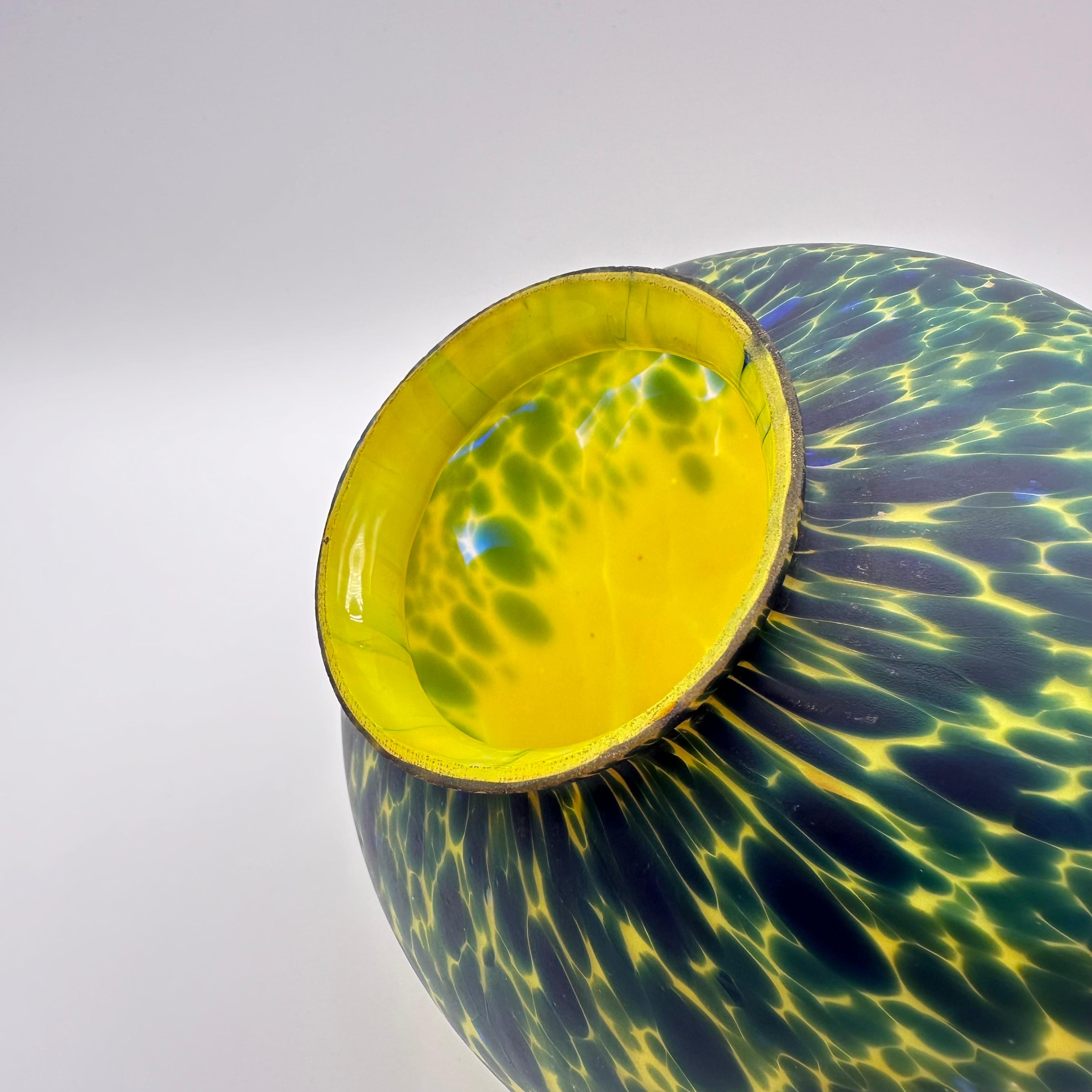 French Vintage Art Deco Glass and Chrome Table Lamp with Bright Yellow and Green Globe For Sale