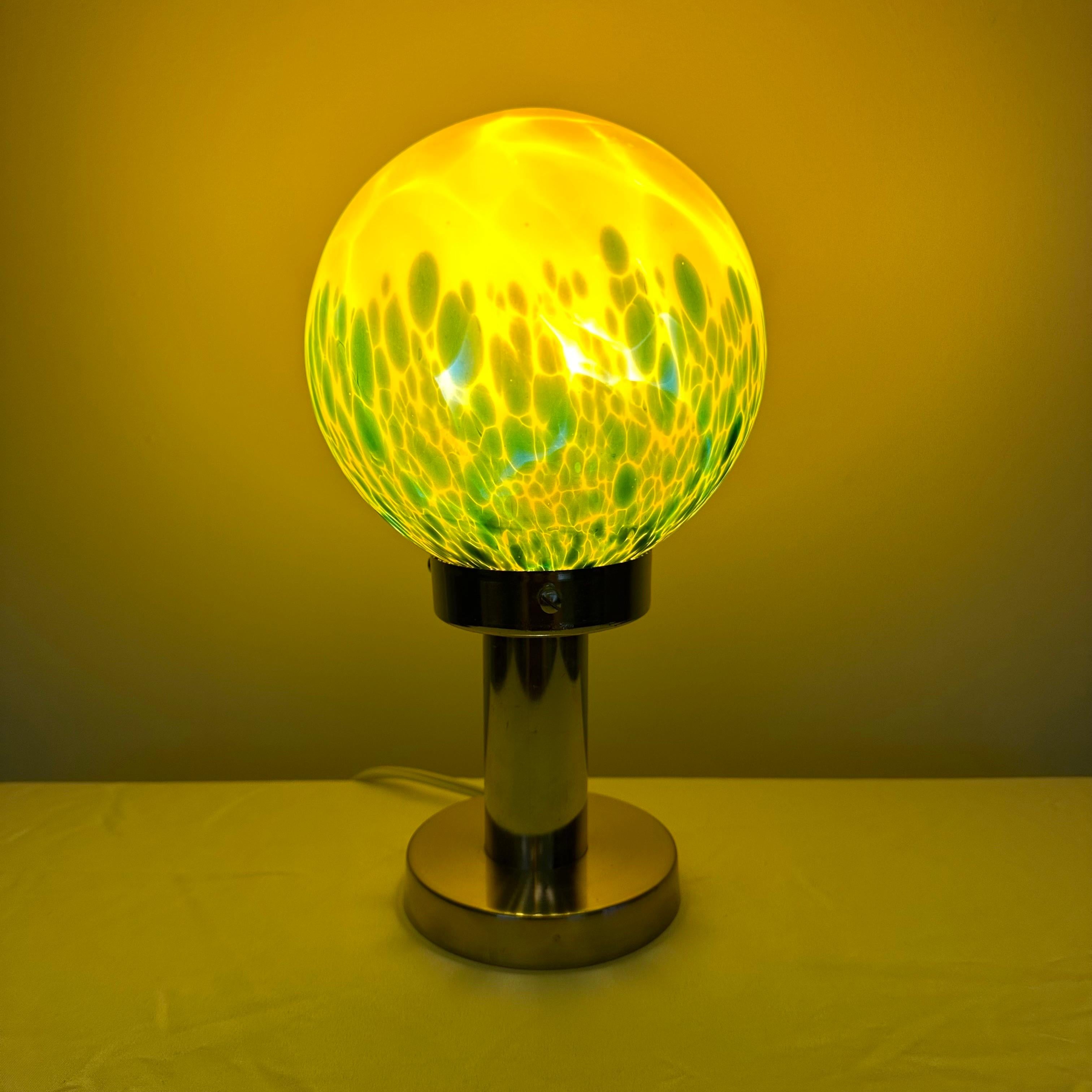 Vintage Art Deco Glass and Chrome Table Lamp with Bright Yellow and Green Globe In Good Condition For Sale In Amityville, NY