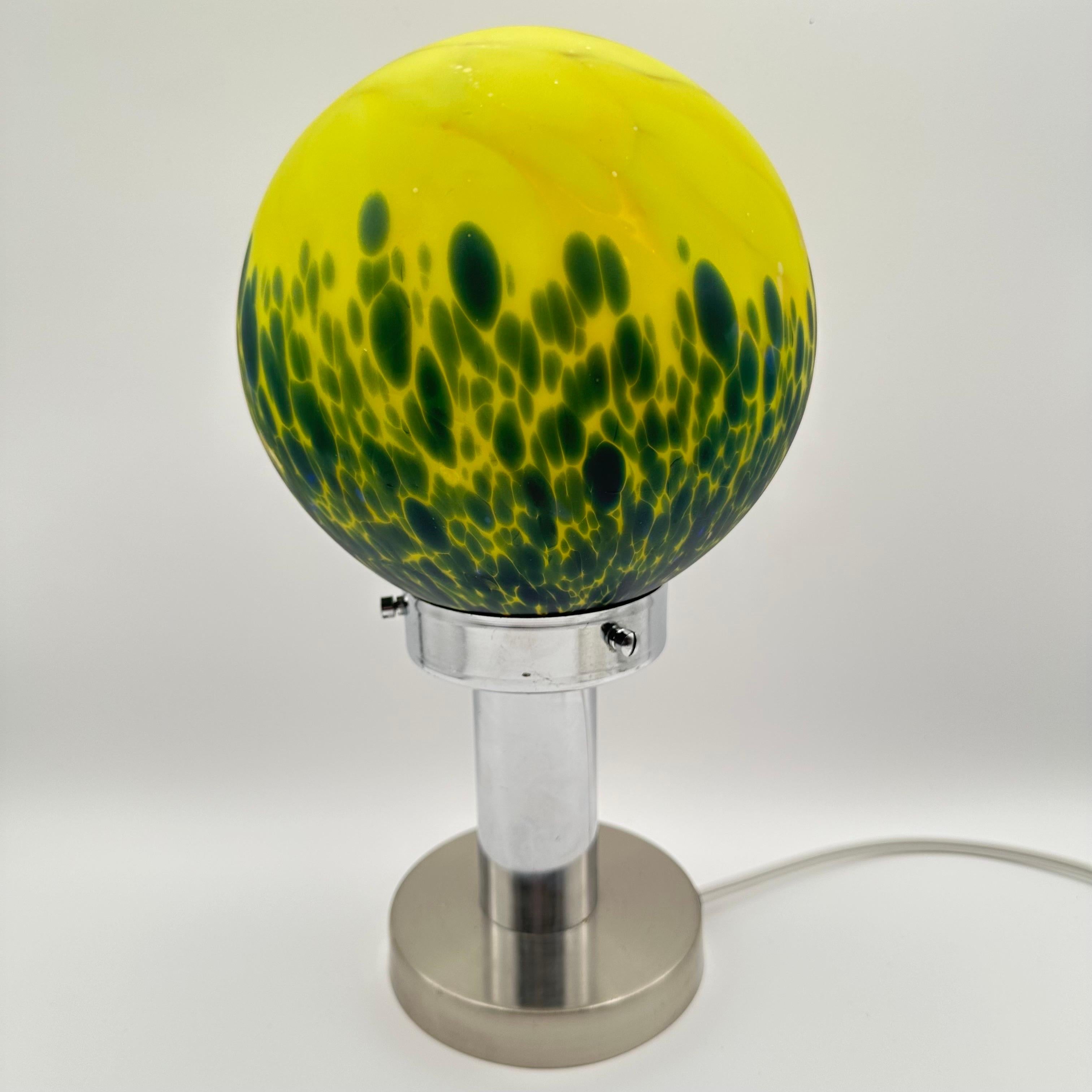 Vintage Art Deco Glass and Chrome Table Lamp with Bright Yellow and Green Globe For Sale 3