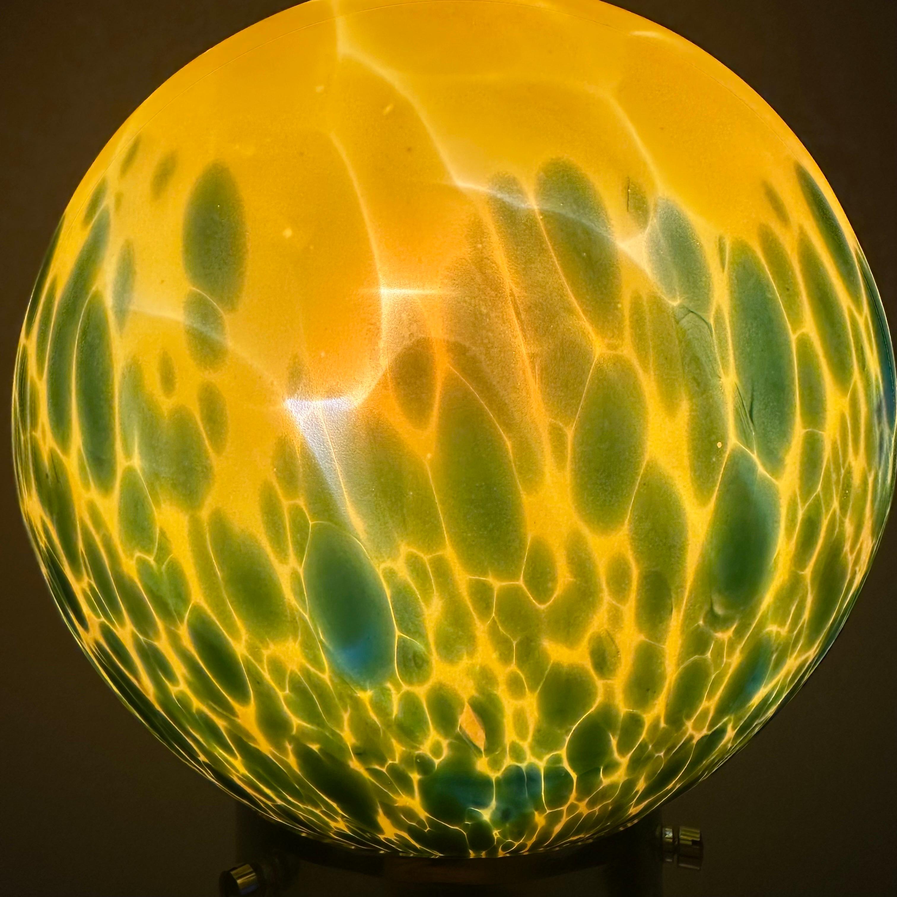 Vintage Art Deco Glass and Chrome Table Lamp with Bright Yellow and Green Globe For Sale 4