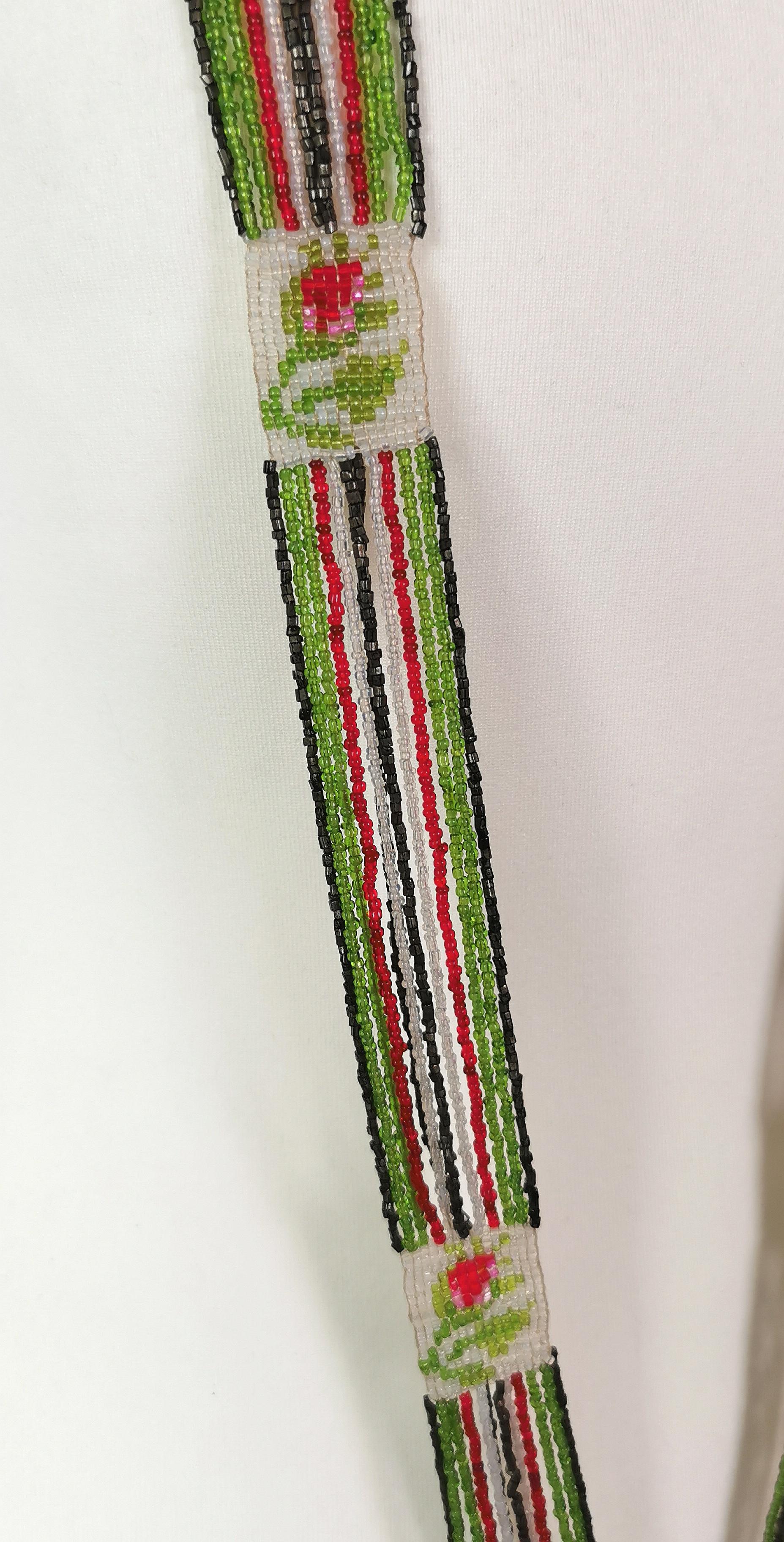Women's Vintage Art Deco glass beadwork sautoir necklace, floral, Flapper length For Sale