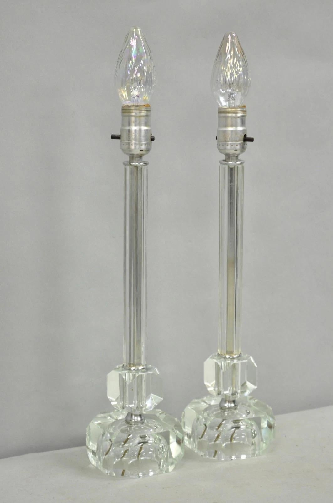 Unknown Vintage Art Deco Glass Column Candlestick Small Boudoir Vanity Bedroom Lamp Pair For Sale