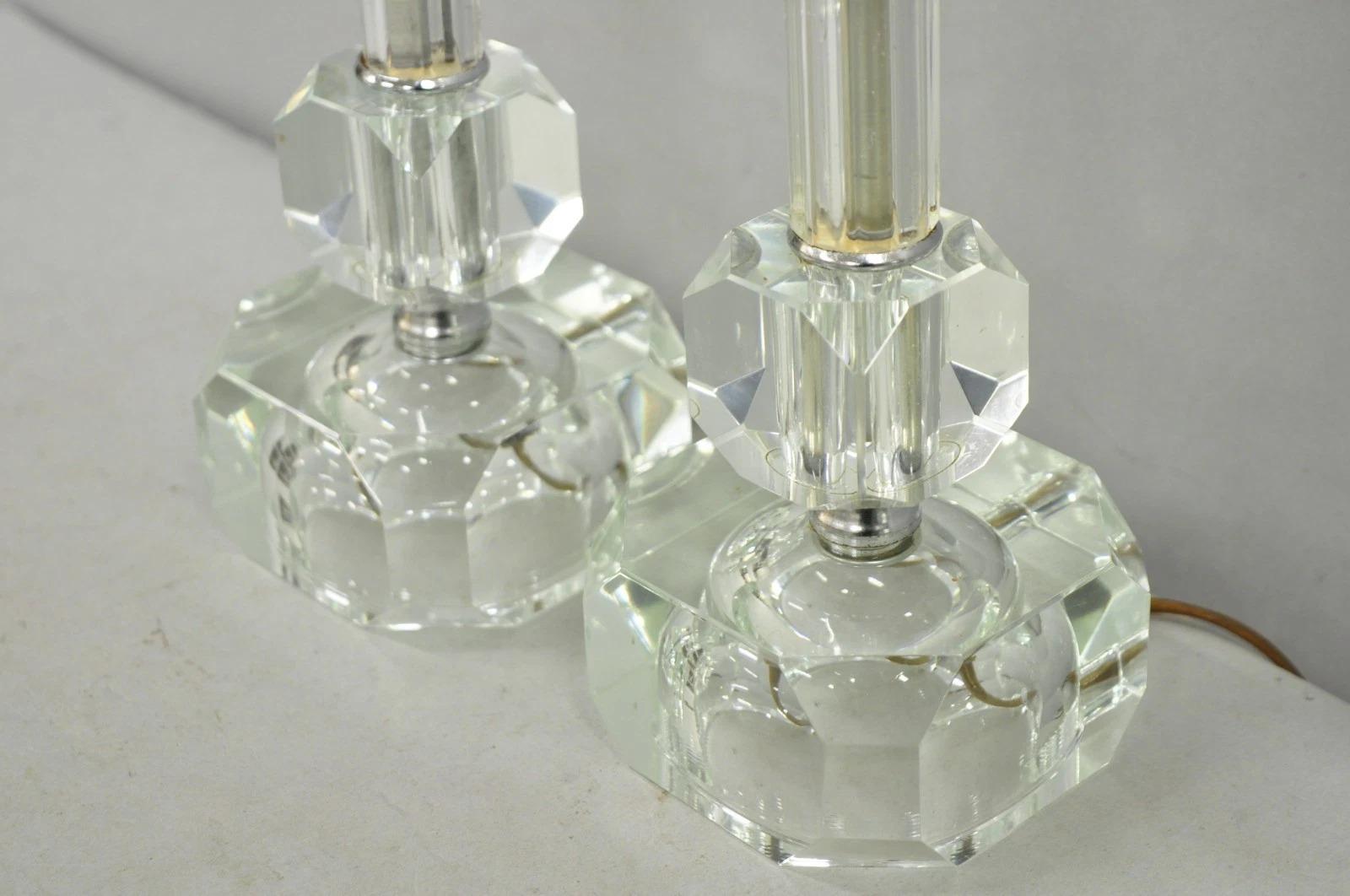 Vintage Art Deco Glass Column Candlestick Small Boudoir Vanity Bedroom Lamp Pair In Good Condition For Sale In Philadelphia, PA