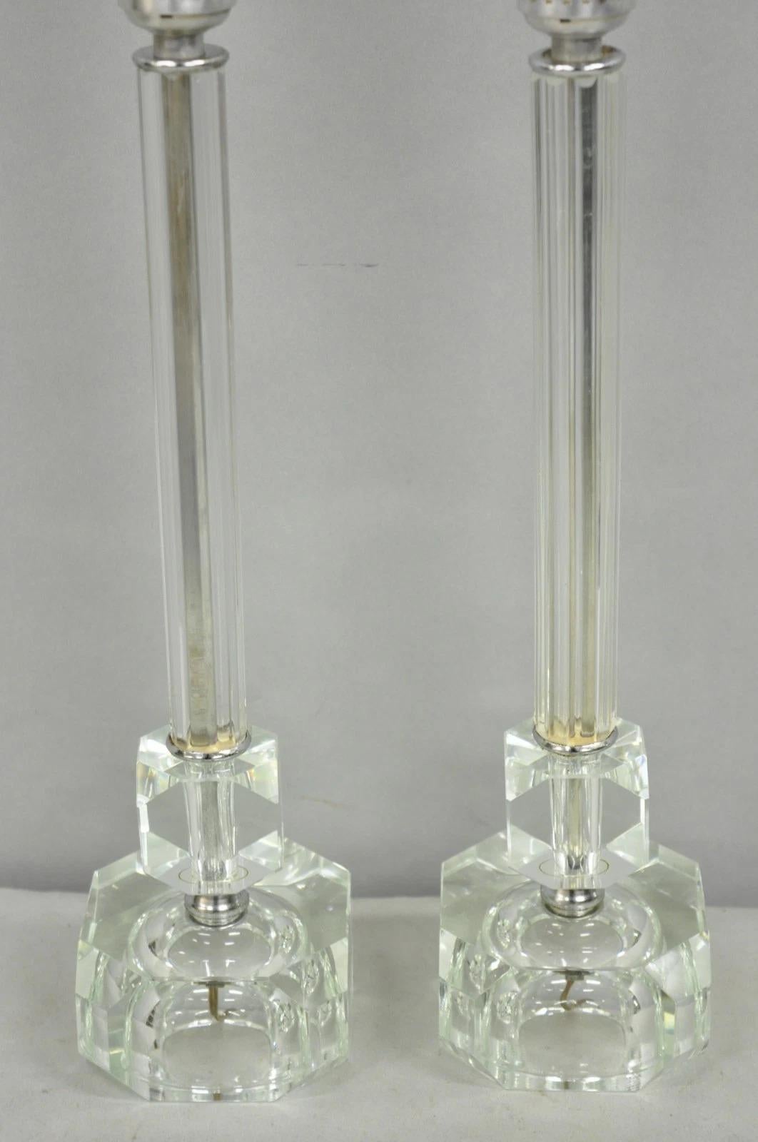 20th Century Vintage Art Deco Glass Column Candlestick Small Boudoir Vanity Bedroom Lamp Pair For Sale