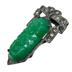 Vintage ART DECO glass jade rhinestone silver tone fur clip