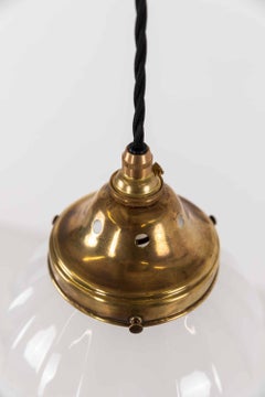 Vintage Art Deco Globe Ribbed Opaline Glass Pendant Lamp Brass Gallery, C.1930