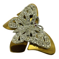 Spilla d'epoca Art Deco in oro e argento con strass e farfalla di design