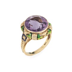 Vintage Art Deco Green Enamel Ring Amethyst 14k Yellow Gold Leaves