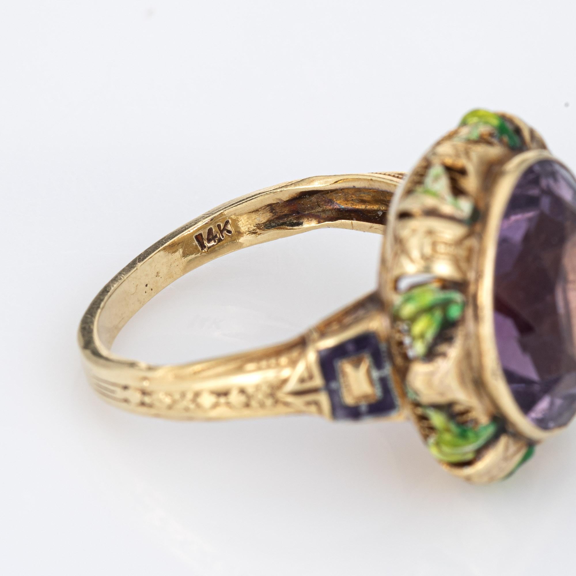 Vintage Art Deco Green Enamel Ring Amethyst 14k Yellow Gold Leaves In Good Condition For Sale In Torrance, CA