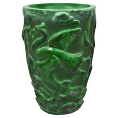 Retro Art Deco Green Glass "Malachite" Bird and Fish Vessel Vase
