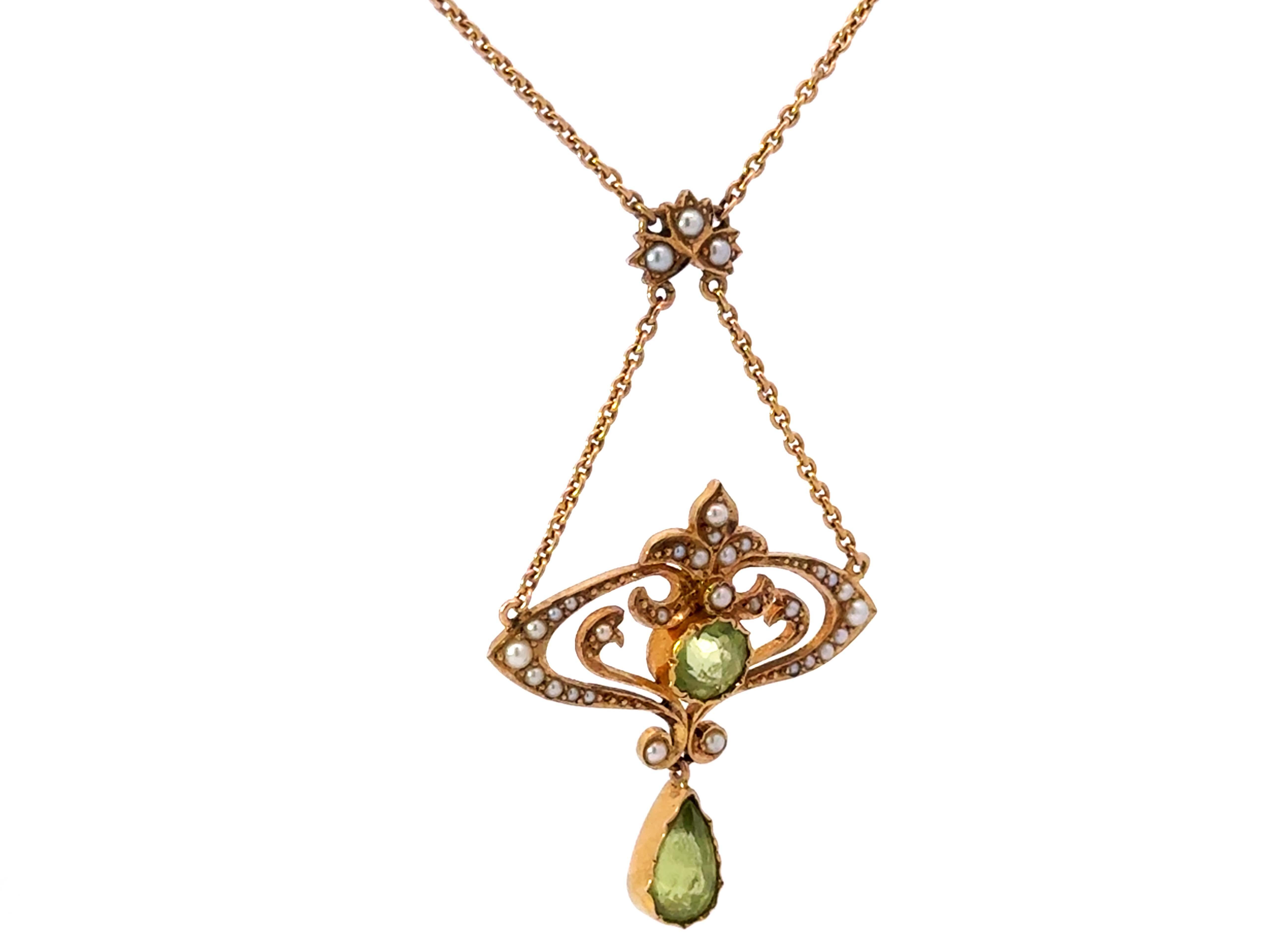 Round Cut Vintage Art Deco Green Peridot and Seed Pearls Pendant Necklace 15k Pink Gold For Sale