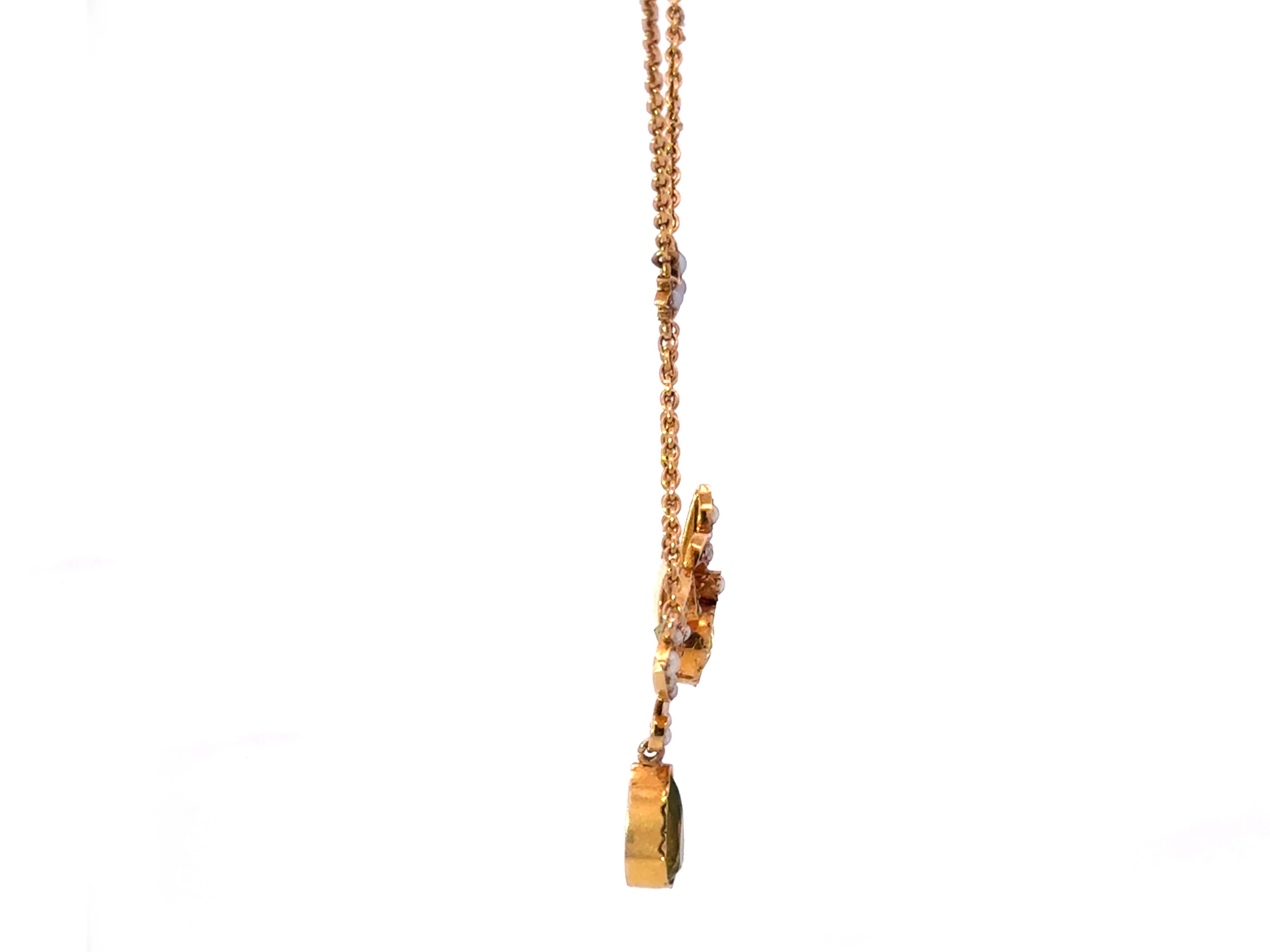 Women's Vintage Art Deco Green Peridot and Seed Pearls Pendant Necklace 15k Pink Gold For Sale